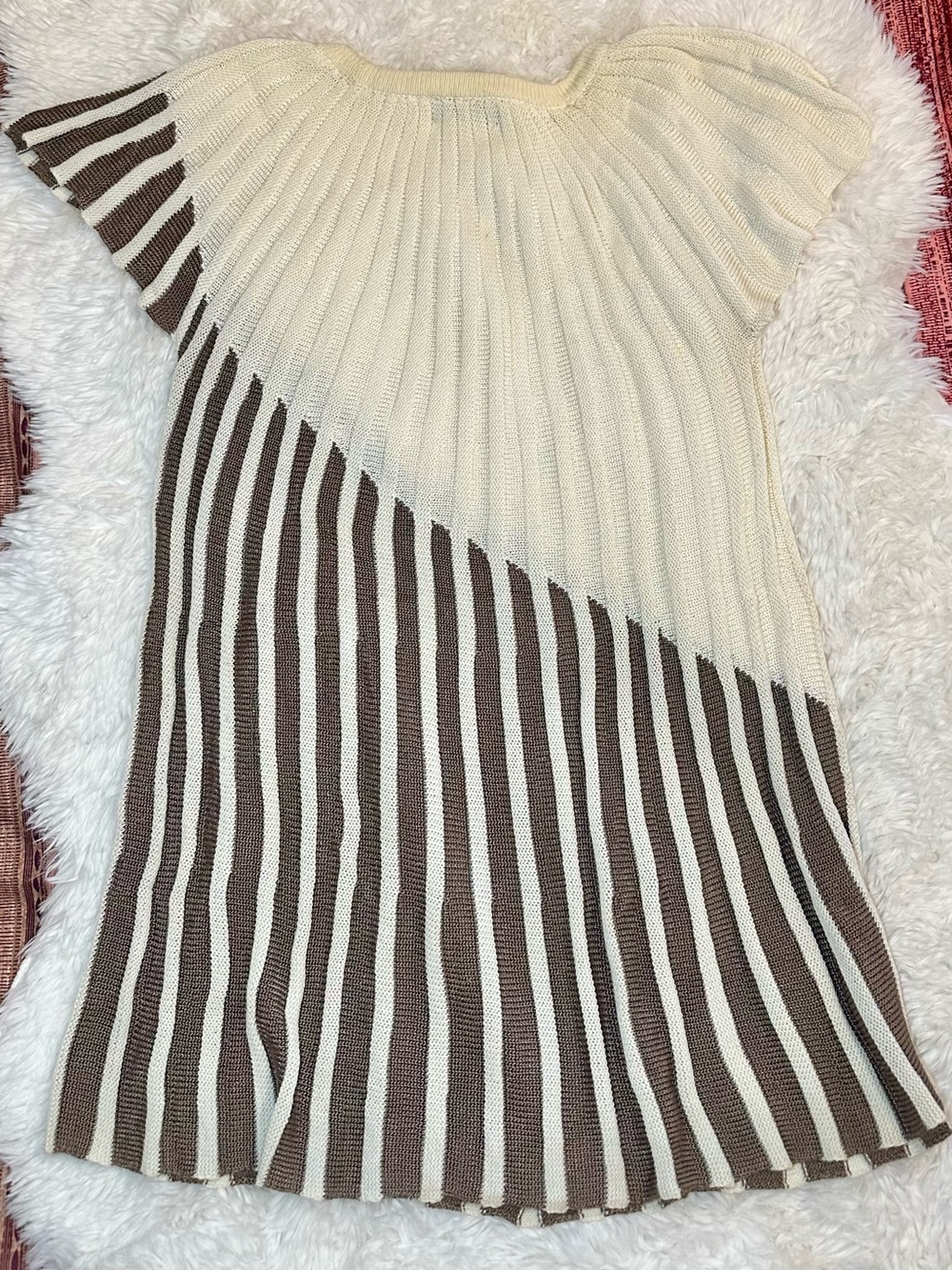 Vintage IMAN Ribbed Knit Tunic Top XS Brown Cream Striped Y2K Mini Dress - Picture 3 of 10